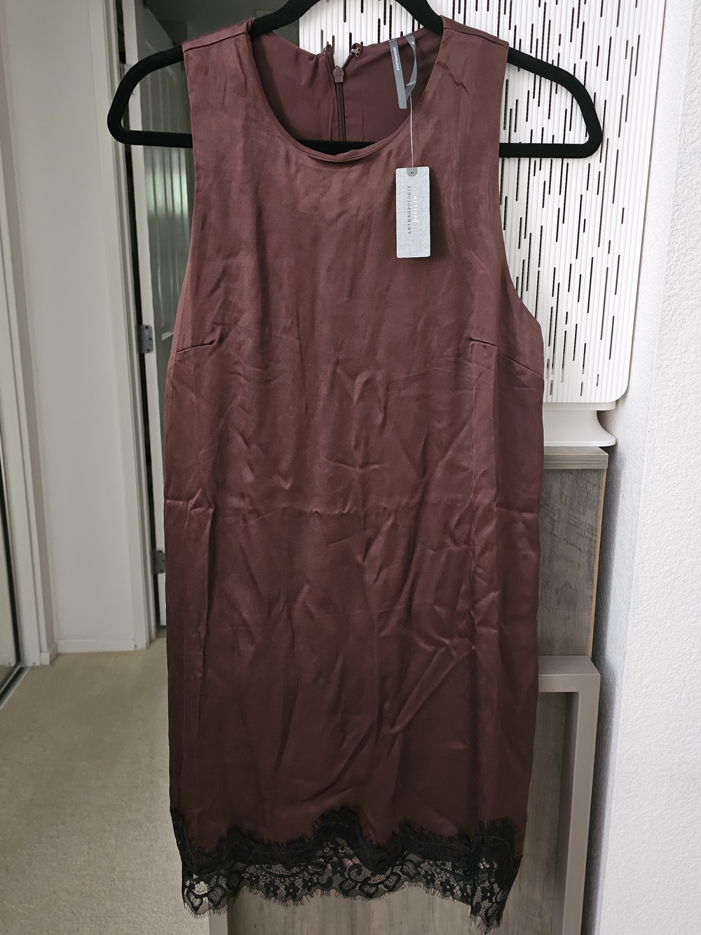 Anthropologie Mauve Sleeveless Swing Mini Dress with Black Lace Hem Sz PS